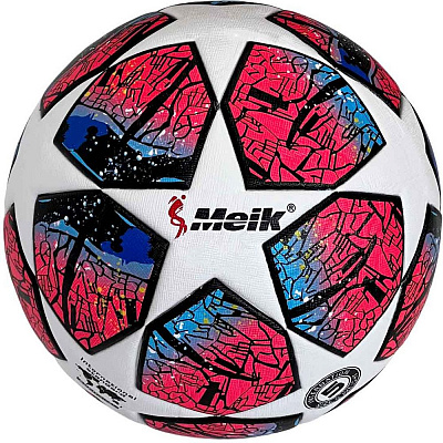 Мяч футбольный №5 «Meik» 4-слоя PU 3,0, термосшивка, цв: розово-сине-черный.
